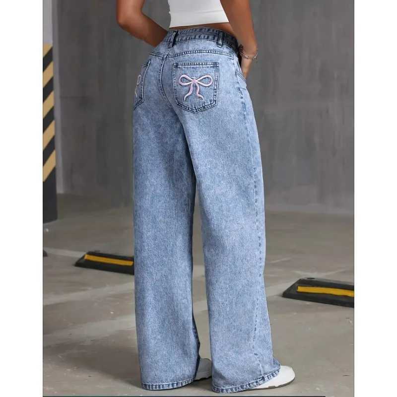 Denim Wide Leg Jeans High Waisted Bow Embroidered Pocket Wide Leg Jeans Fashionable Womens Trousers Casual Style R250716