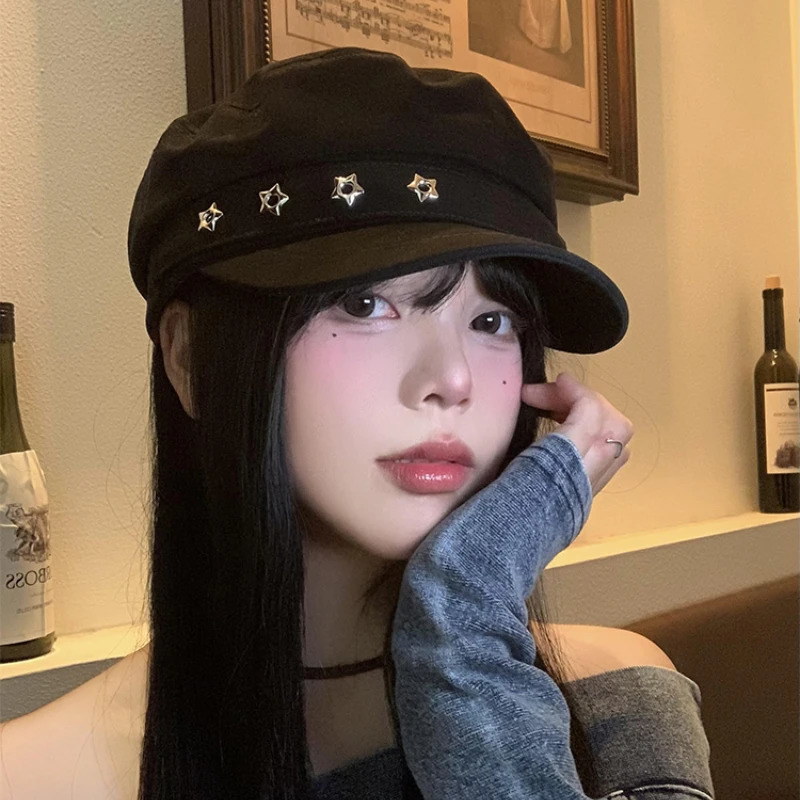 Star Hole Black Berets for Women Summer Autumn Outdoor Casual Sun Protection Versatile Personality Flat Top sboy Hats 250716