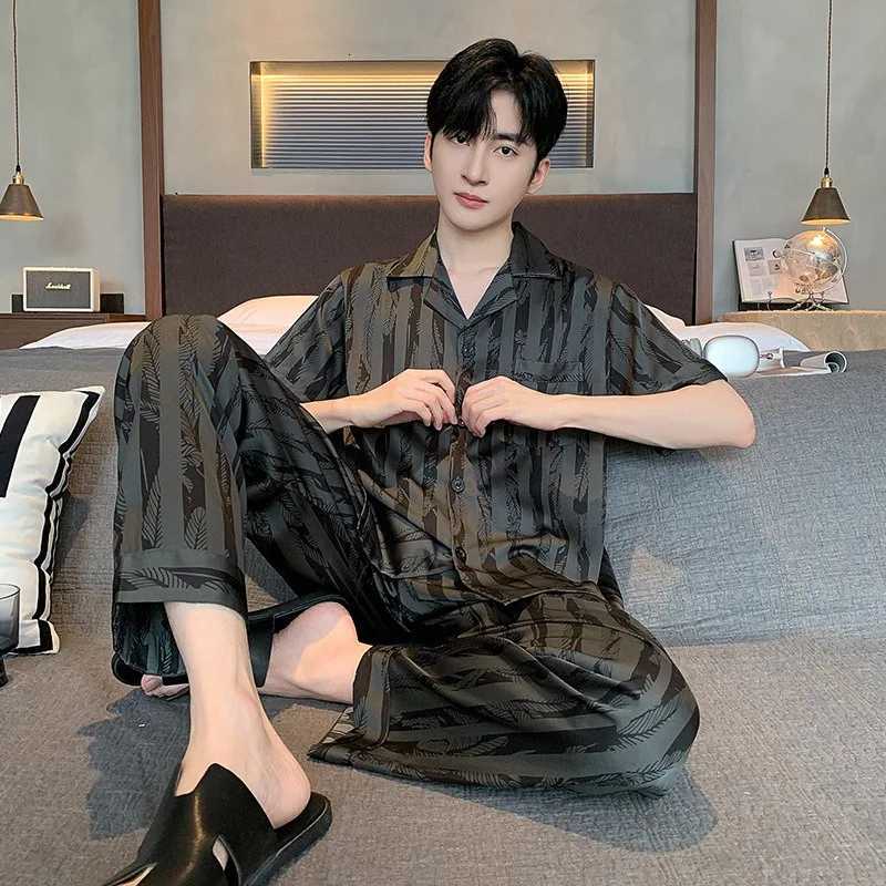 Plus Size Men Black Striped Short-Sleeve Long Pants Thin Pajama Set Cardigan Homewear Nightwear Youth Student Simple Sleepwear W250717