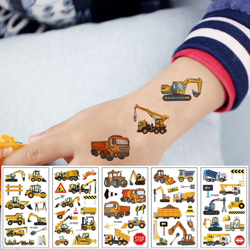 10 Sheets Children Cartoon Tattoo for Kids Engineering Vehicle Excavator Stickers Truck Waterproof Temporary Tattoos 250714