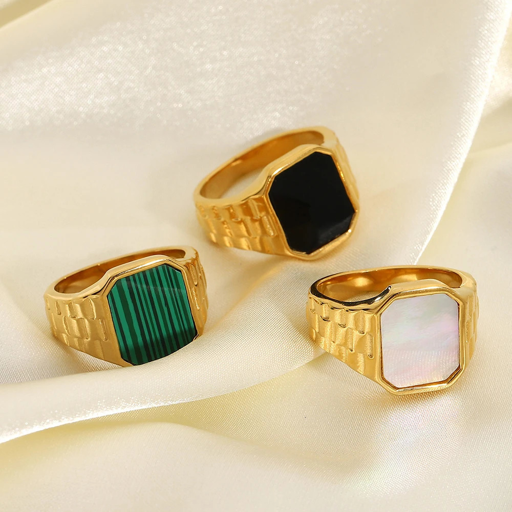 Vintage Stone Ring Women Inlay Malachite Shell Square Lady Ring Fashion Stainless Steel Ins Style Jewelry Gifts 250716