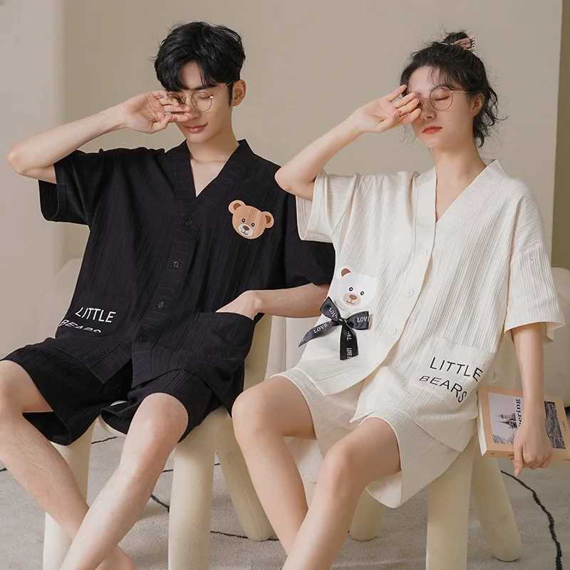 Summer Fashion Couple Pajamas Cotton Breathable Cardigan Can Wear Cartoon Pajamas Men and Women Short-sleeved Shorts Lapel Suit W250717