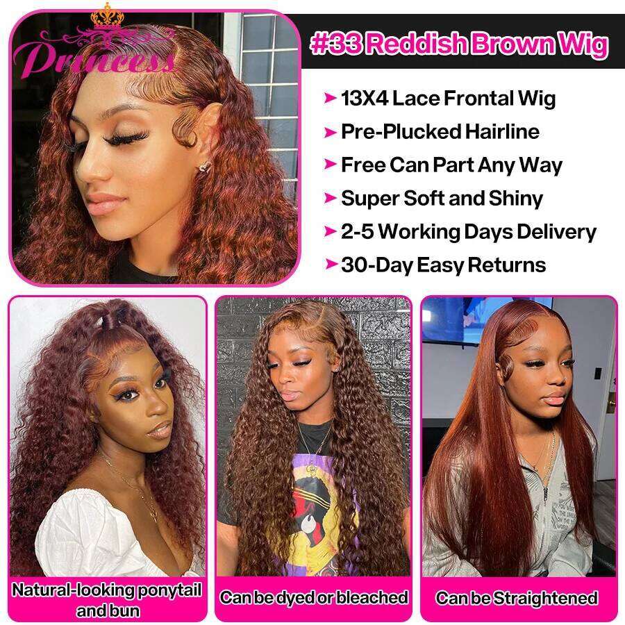 Princess 34 Inch Reddish Brown 13x6 HD Frontal Wig Colored Deep Wave 13x4 Lace Front Human Hair Wigs