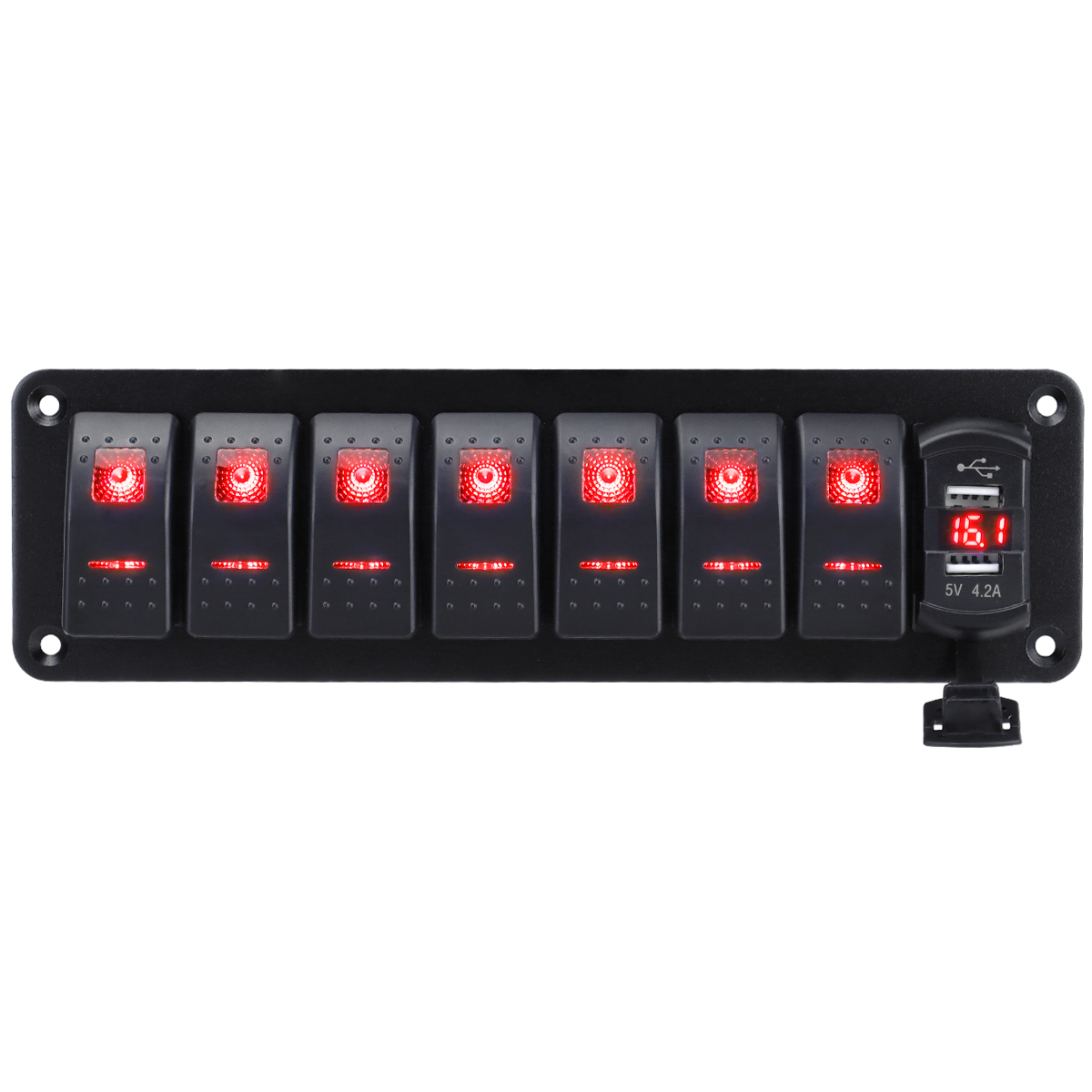 Aluminum panel with joystick switch, equipped with voltmeter and dual USB (4.2A) fast charging, red backlit LED, suitable for boats, cars, trucks, (re