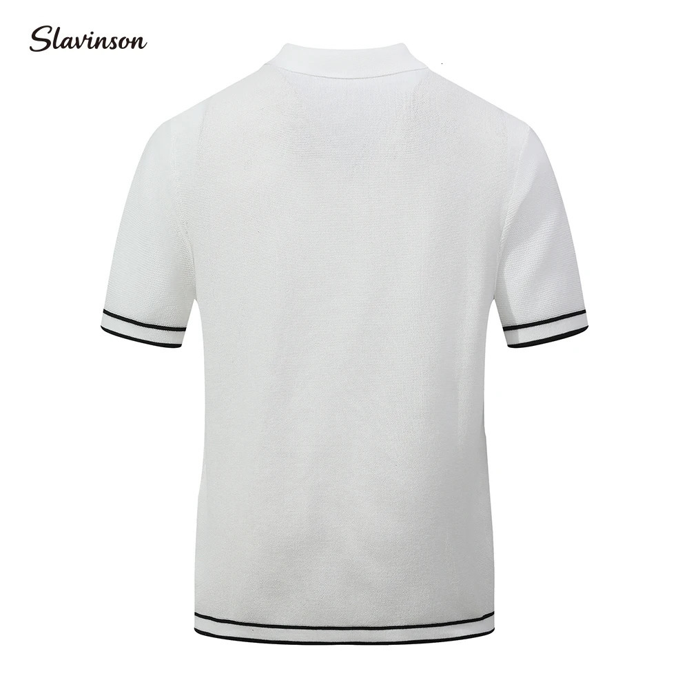 Slavinson Mens Polo Shirts 2025 Summer Mens Retro Knit Lapel Striped Fashion Short-Sleeved Casual Slim Tops US Size 250716