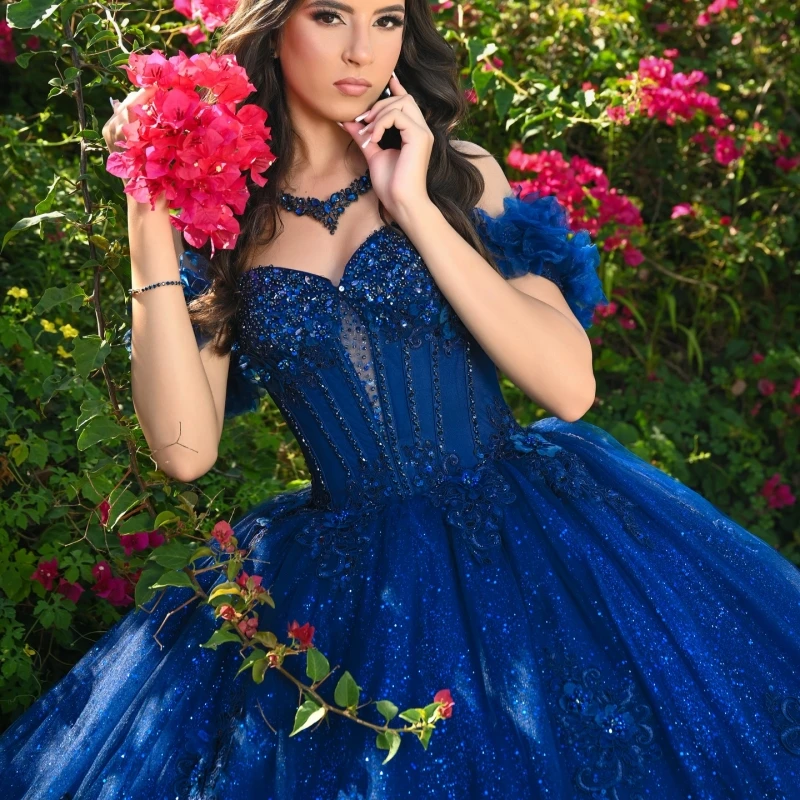 Navy Blue Quinceanera Dresses Ball Gown Off The Shoulder Applique Lace Beads Tiered Tull Sweet 16 Dress Vestidos 15 De Anos