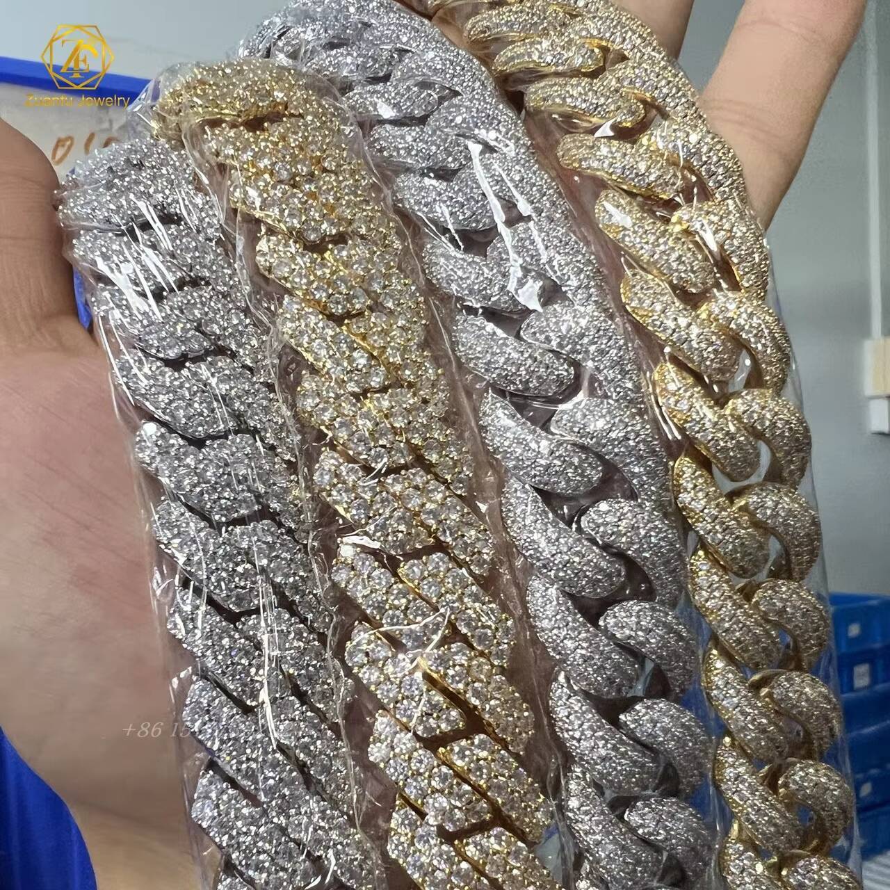 Fine Jewelry Hip Hop Iced Out 14K Gold Plated Miami Cuban Link 12mm 2 Rows Thick Solid 925 Silver VVS Moissanite Cuban Chain