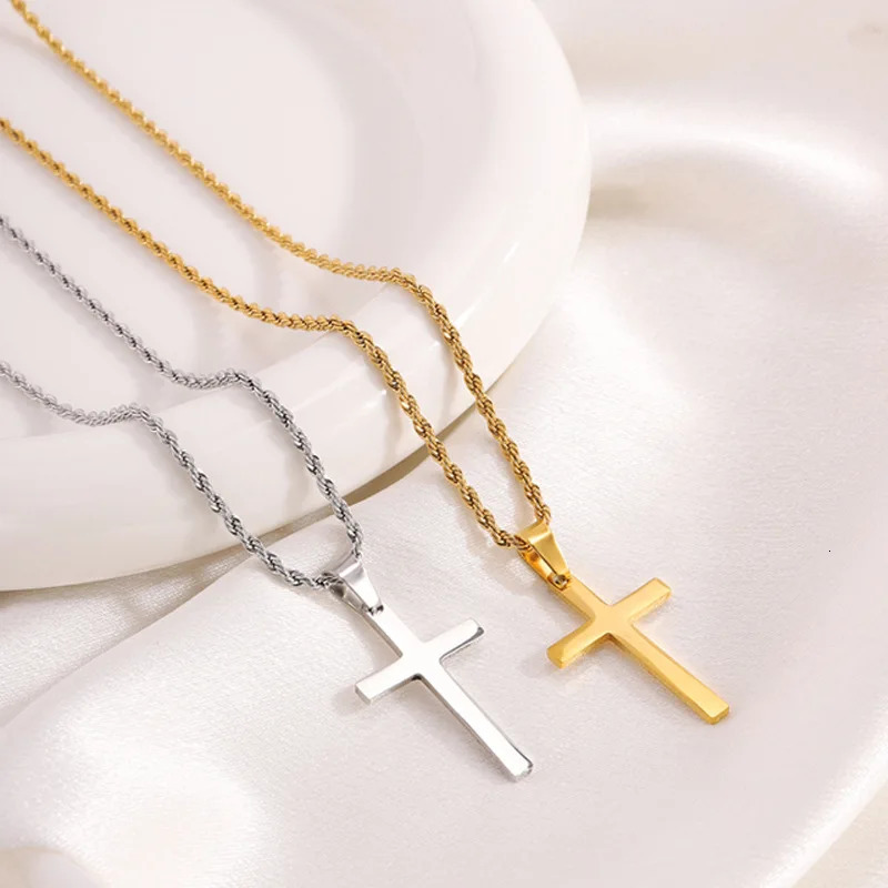 Stainless Steel Cross Pendant Necklace for Men Boys 18K Gold Plated Silver Simple Twisted Chain Fashionable Jewelry Beach Party 250717