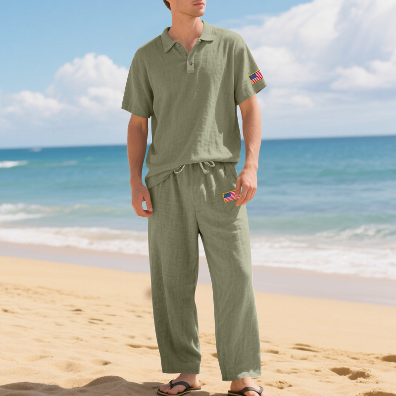 Summer New Linen Short Sleeve Long Pants Loose Turn-Down Collar Casual Independence Day Sports Set