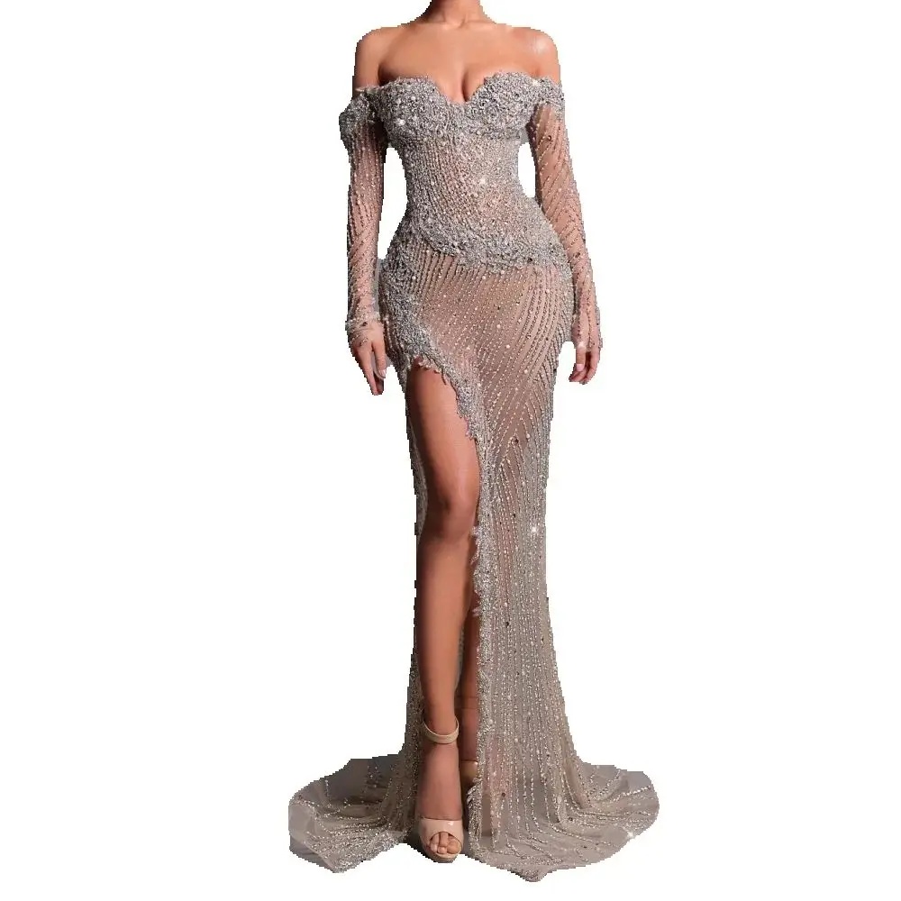 Luxurious Off The Shoulder Crystal Evening Dresses Customized Sexy Sequined Long Sleeve Prom Dress Beaded Appliques Party Gown