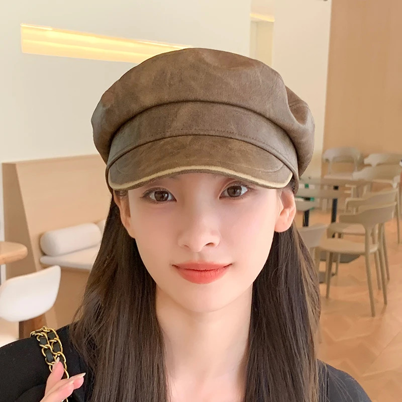 Womens Casual Military Cap PU Leather Flat Octagonal Captain Trucker Hat Vintage Artistic Painter Hip Hop Style 250716