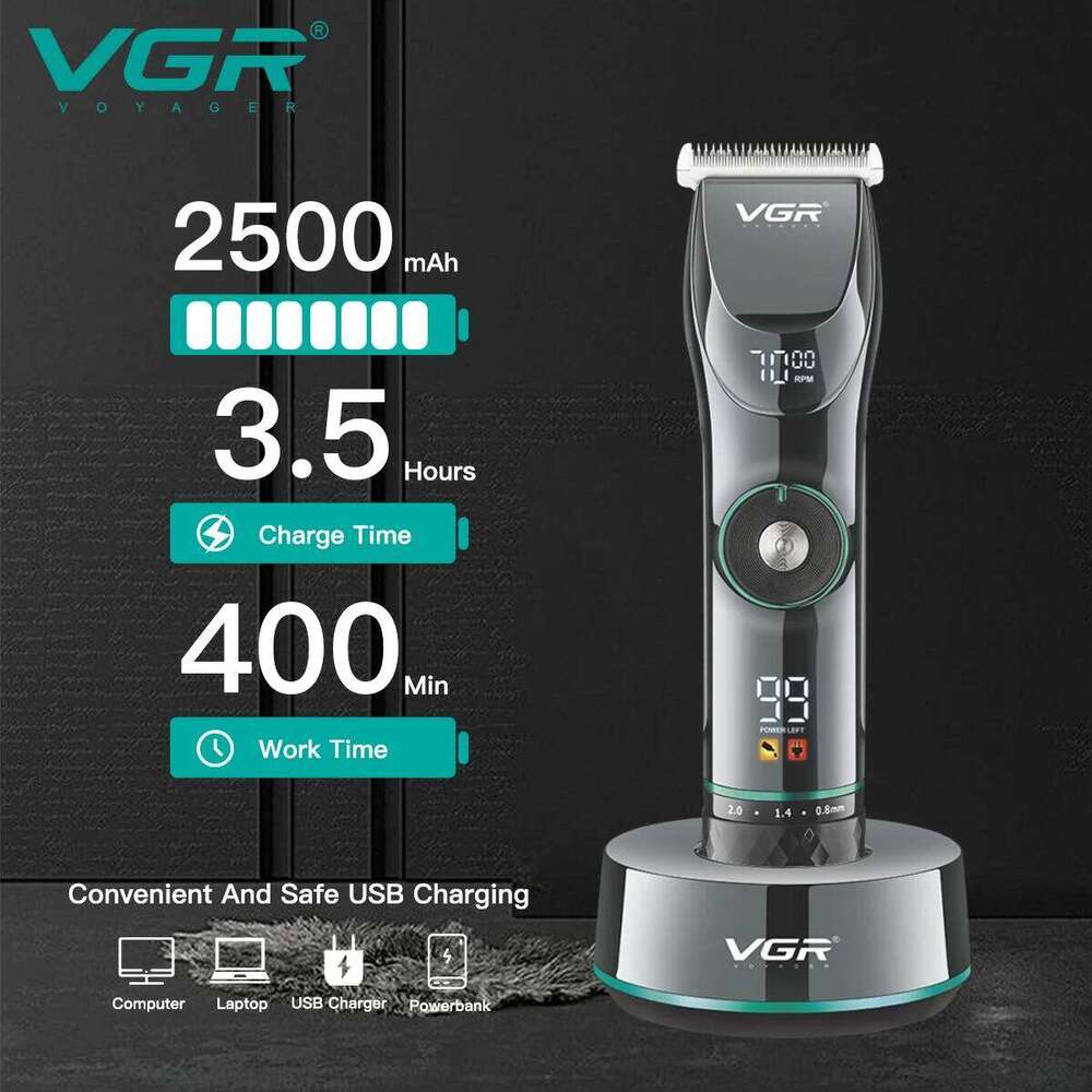 VGR 15 Motor Speed Adjustable Trimmer Beard Hair Clipper Electric Barber LED Display Trimer For Men With Base V-256