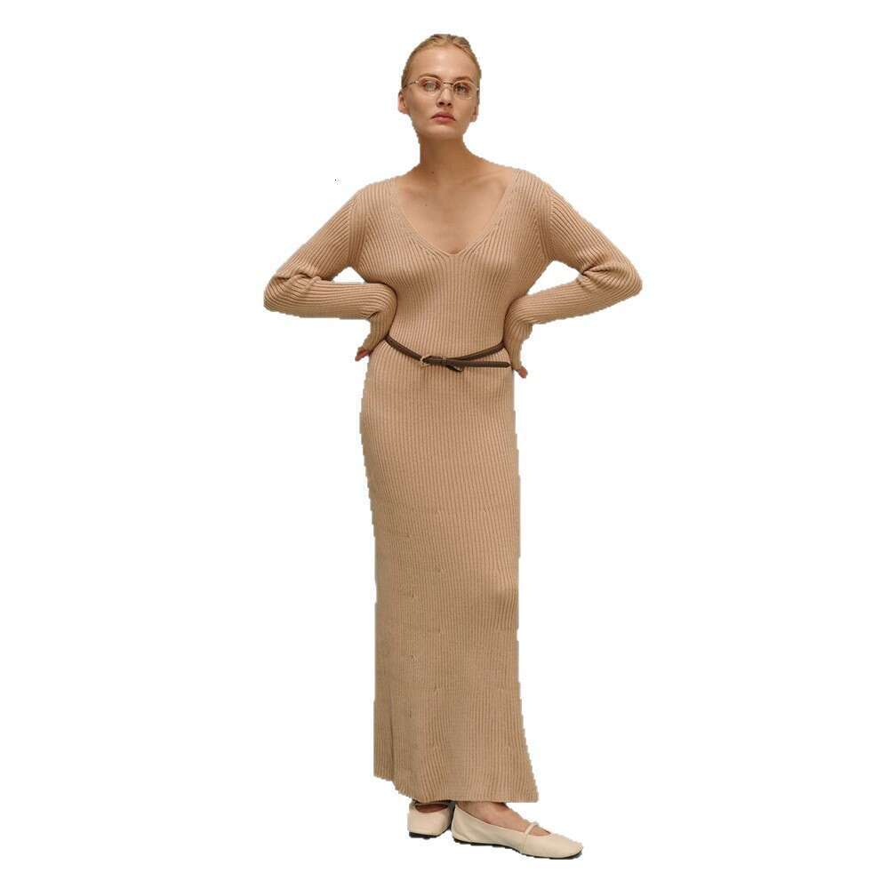 Solid Color Sleeve For Women Autumn Winter New Elegant V-Neck Slim Fit Bodycon Knitted Long Dress B5