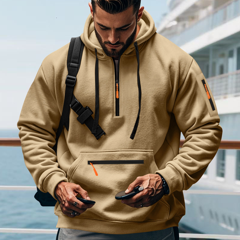 2025 European Size Autumn Winter Fleece Men's Set Pocket Hoodie Multi-Zip Sweatshirt