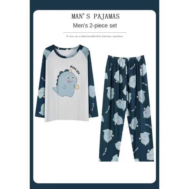 100% Cotton Long-Sleeved Simple Cartoon Dinosaur Pajamas Set for Men Sleepwear Homewear Students Two-Piece Nightwear Loungewear W250717