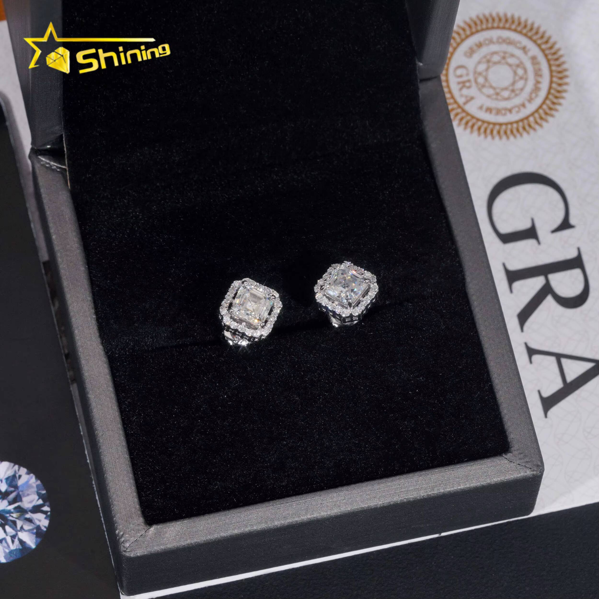 New Stocks Men Women D Color VVS Asscher Cut Moissanite Stud Earrings Fashion Jewelry 925 Silver Hip Hop Earrings