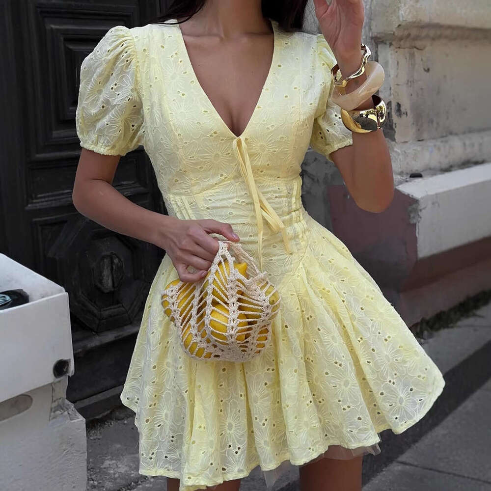 Pure Cotton Yellow Summer New Waist-Tied Sexy Embroidered Short Dress B5