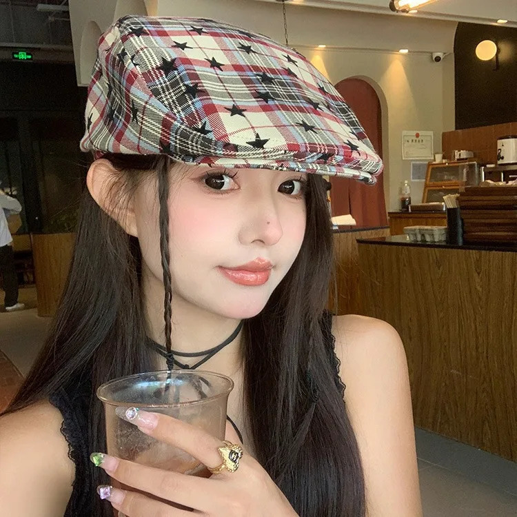 Womens Cute Hat Sweet Cool Style Japanese Star Heckered Childrens Retro Y2K Beret Versatile Artists Hat Trend Nice Ladies Cap 250716