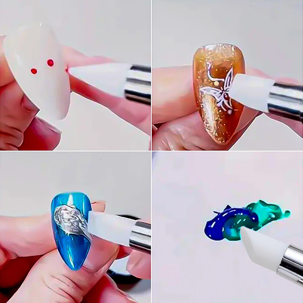 5Pcs/Set Pink Dual Ended Rhinestone Nail Art Silicone Pen Sculpture Pen/3D Flower Carving/Dotting Nail Tool 13cmManicure Brush 250716