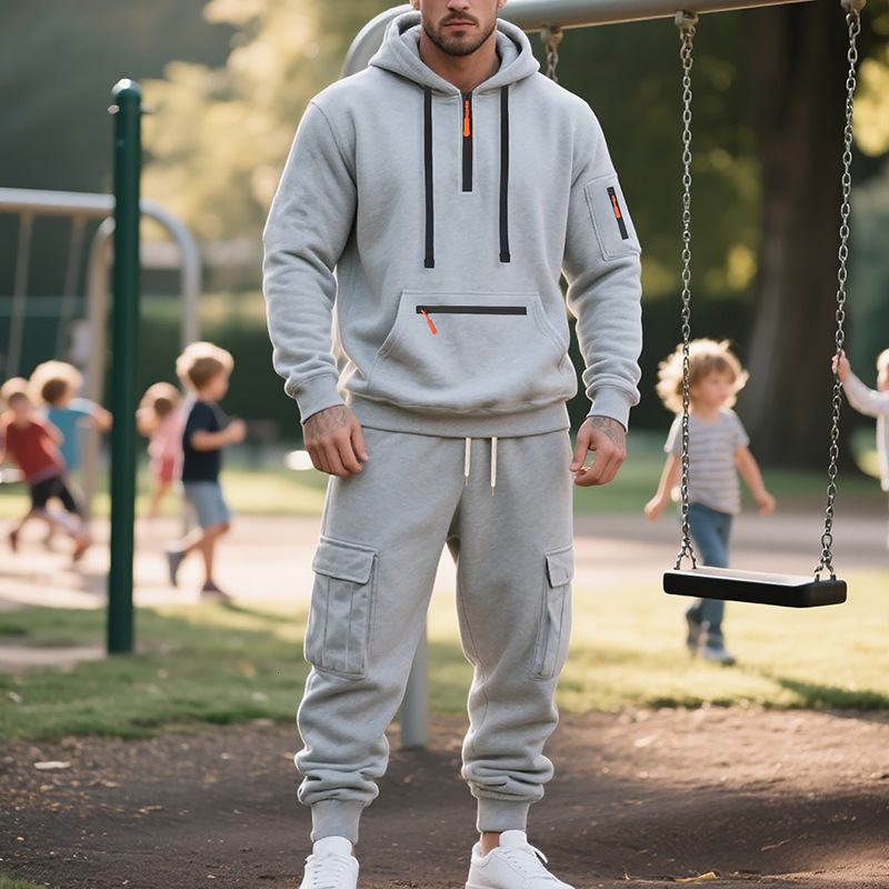 Hoodie Sweatshirt with Zipper and Multiple Pockets Pullover Men's Sports Casual Top Two-Piece Set
