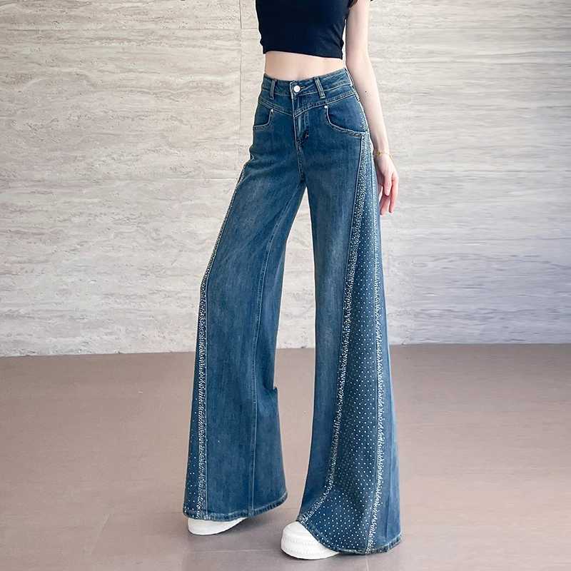 2025 Summer High Waist Wide Leg Jeans for Women Bell Bottom Pants Flared Pants Hotfix Rhinestone Patchwork Dragging Pants R250716