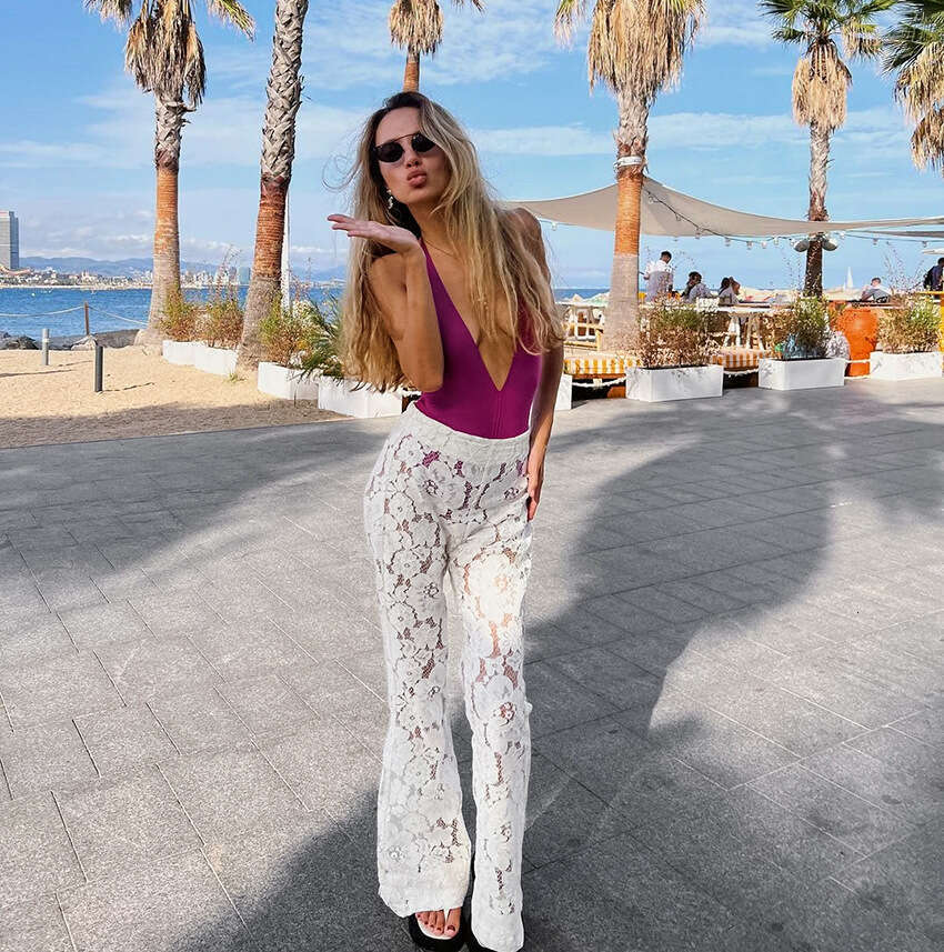 Spring Summer New Women's Jacquard Lace Floral Hollow Slimming Slightly Flared Pants B5
