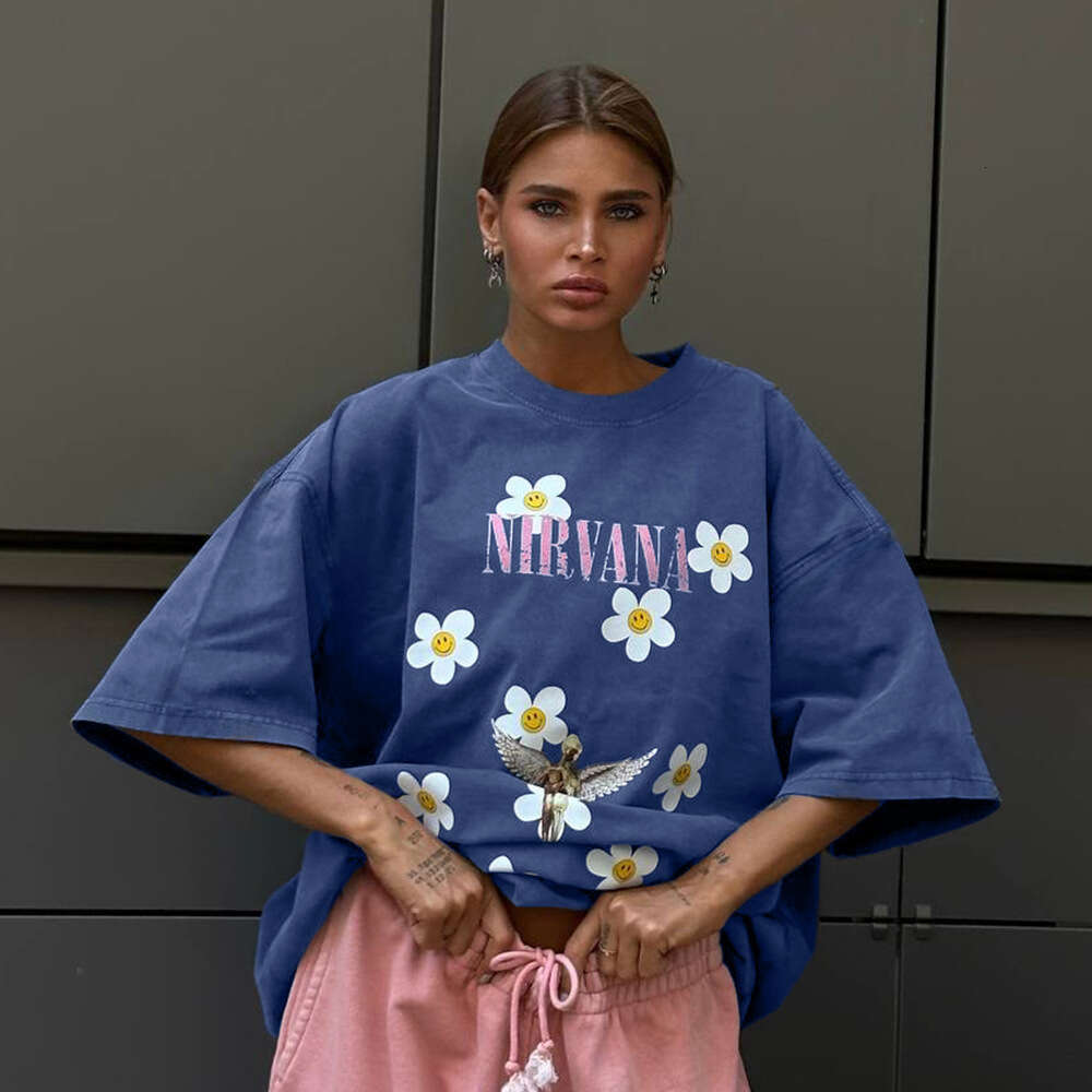 Loose Cotton Washed Printed Summer New Floral Print Half Sleeve T-Shirt For Women B5