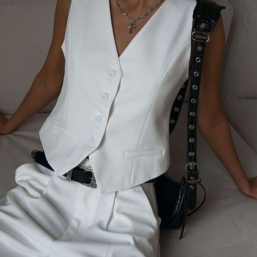 Vest And Spring Summer V-Neck Single-Breasted Waistcoat + Straight-Leg Suit Shorts Set B5