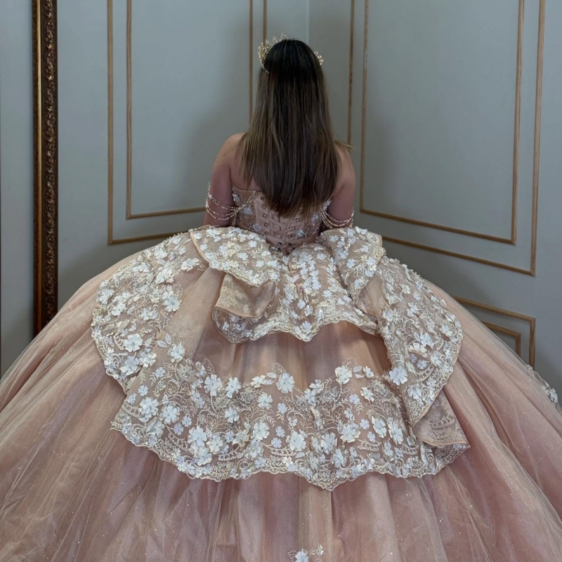 Pink Shiny Quinceanera Dresses Ball Gown Off The Shoulder Applique Lace Flower Beads Tull Corset Party Birthday Sweet 16 Dress Vestidos De 15 Anos