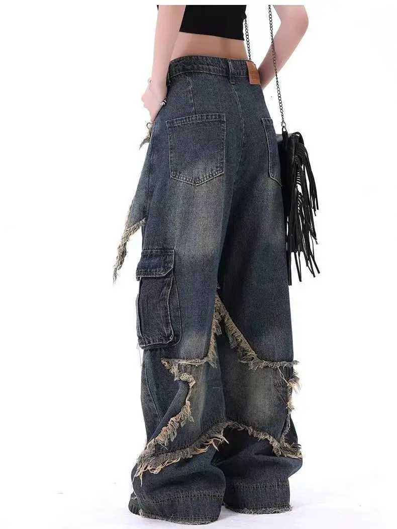 New American Vintage Washed Five-Point Star Frayed Hem Jeans for Women High Street Niche Oversized Straight Leg Long Pants R250716