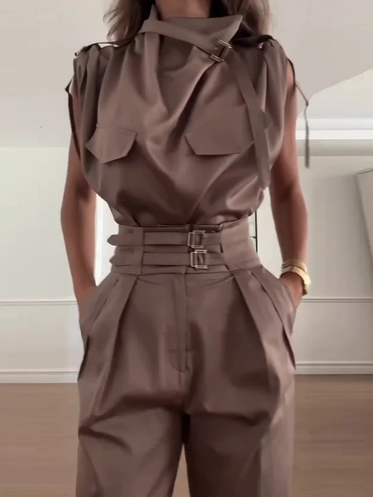 Summer Women Turtleneck Patchwork Outfit Pullover Top Cargo Pants Chic Matching Sets Pocket Fashion Simple Ladies Suits 250714
