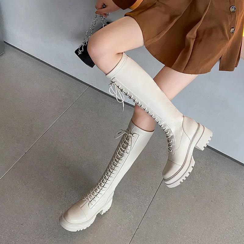 Lace Up Fashion Trend Autumn High Barrel Knight Boots 250716