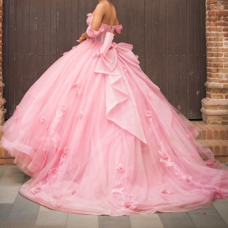 Pink Quinceanera Dresses Ball Gown Off The Shoulder Applique Flower Beads Bow Tull Corset Party Birthday Sweet 16 Dress Vestidos De 15 Anos