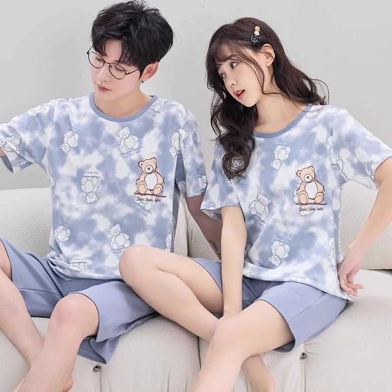 Matching Home Clothes for Couples Cotton Nightwear Summer Thin Short Sleeping Tops Shorts Pajamas Set for Women Men Pajamas W250717