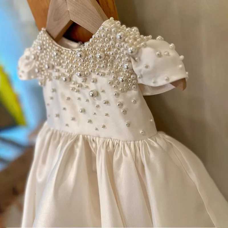 Baby Kids Princess Satin Pearls Bow Flower Girl Dress Children First Communion Dress Ball Gown Wedding Party Dress Birthday Z250716