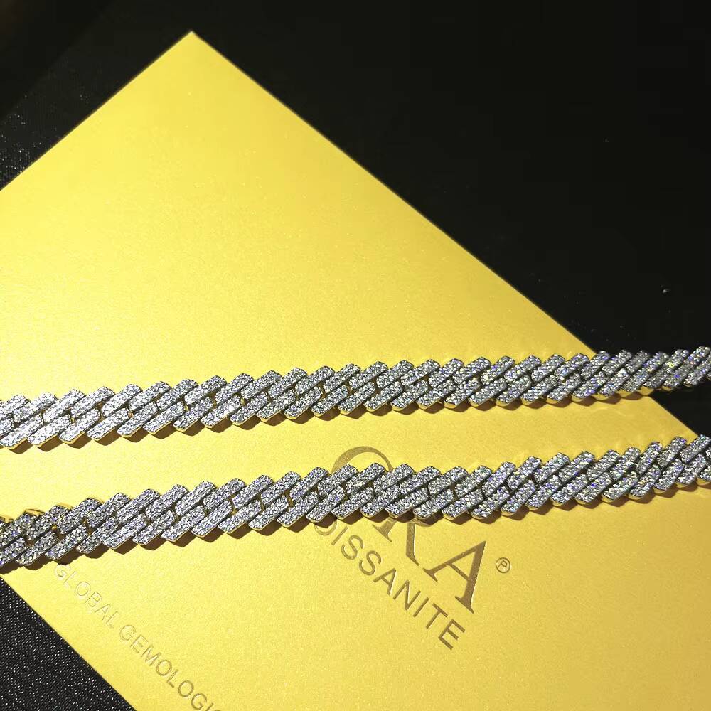 Shining 10mm 2 Rows Silver Cuban Link Chain Ice VVS Moissanite HipHop Cuban Chain