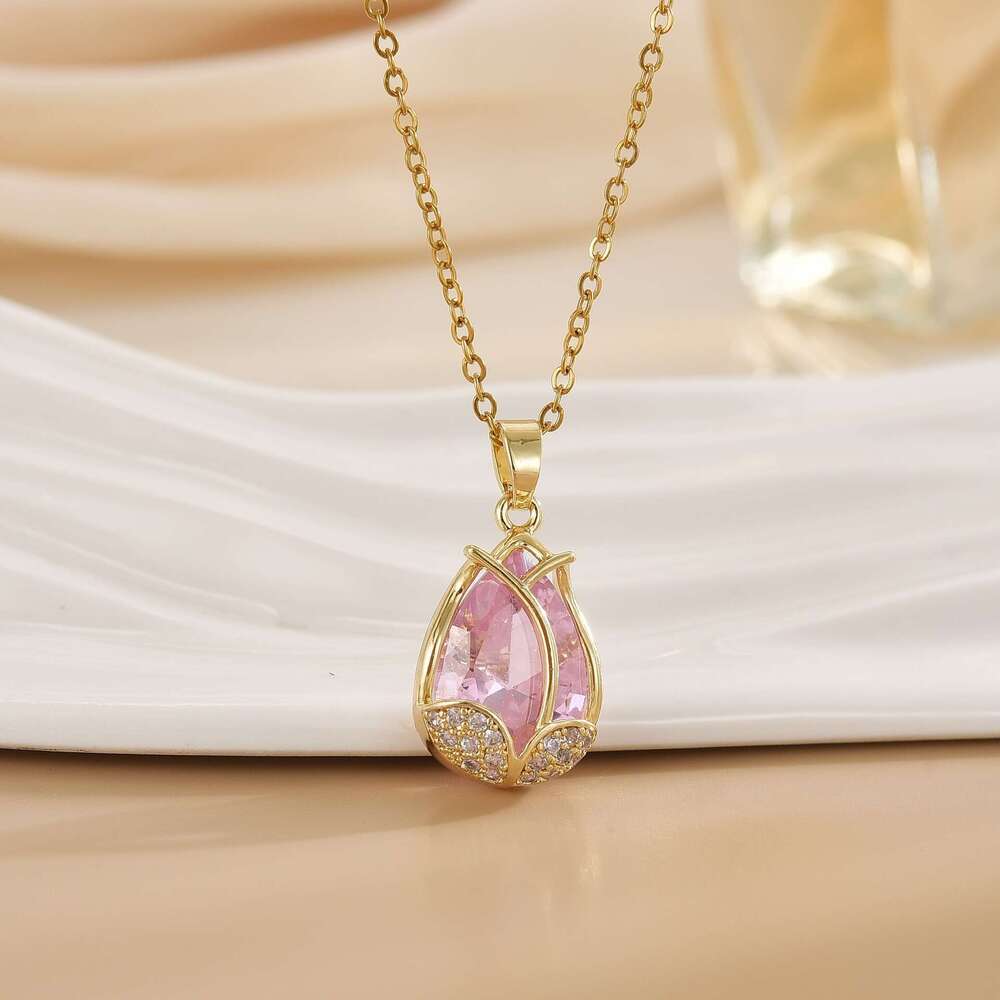 Oil Drop Micro Paved Zircon Colorful Flower Tulip Rose Pendant Necklace For Women Light High-End Feel 3B0