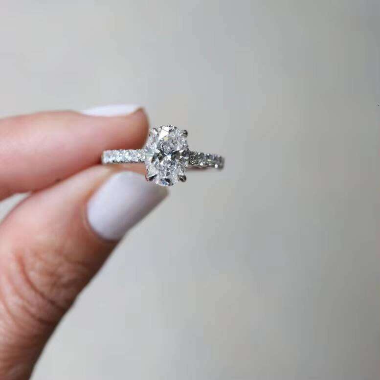 14k White Engagement 3 Oval VVS Micro Pave Side Stone Carbonite Ring