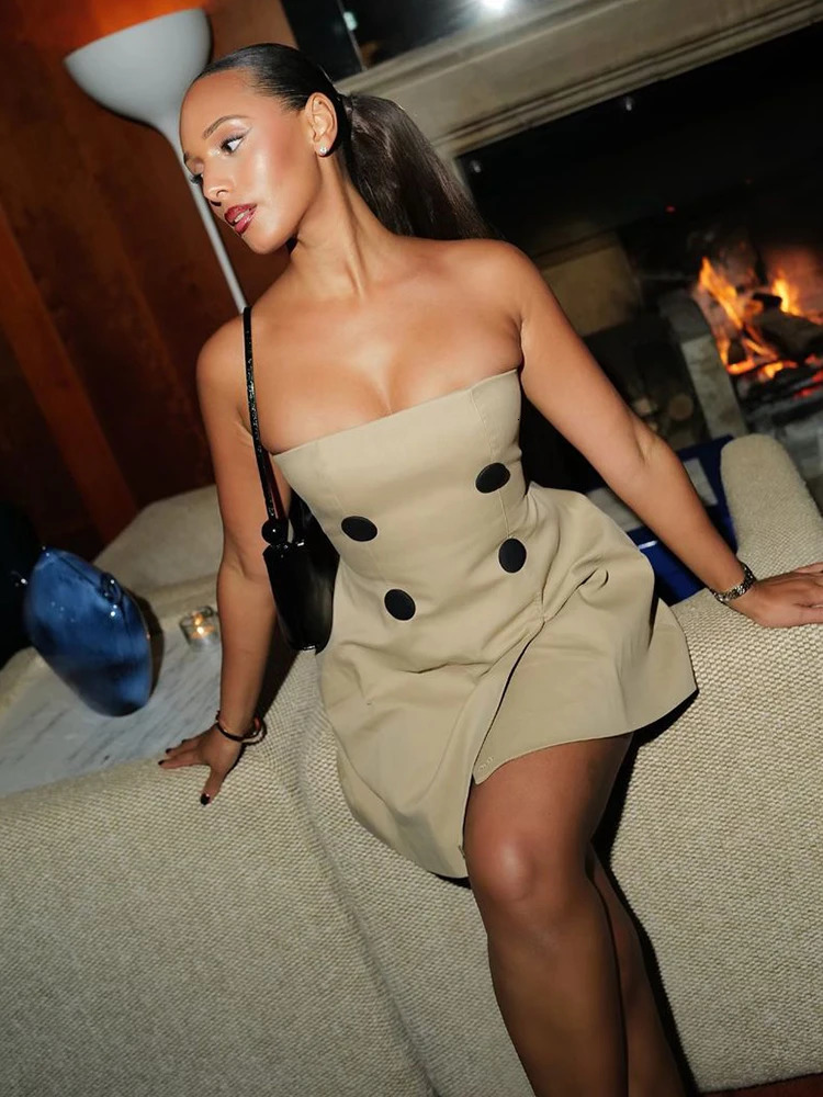 Trendix Sexy Tube Top Dress Women Button Patchwork Sleeveless Off Shoulder Mini Dress High Waist Slim Party Bandeau Dresses 250715