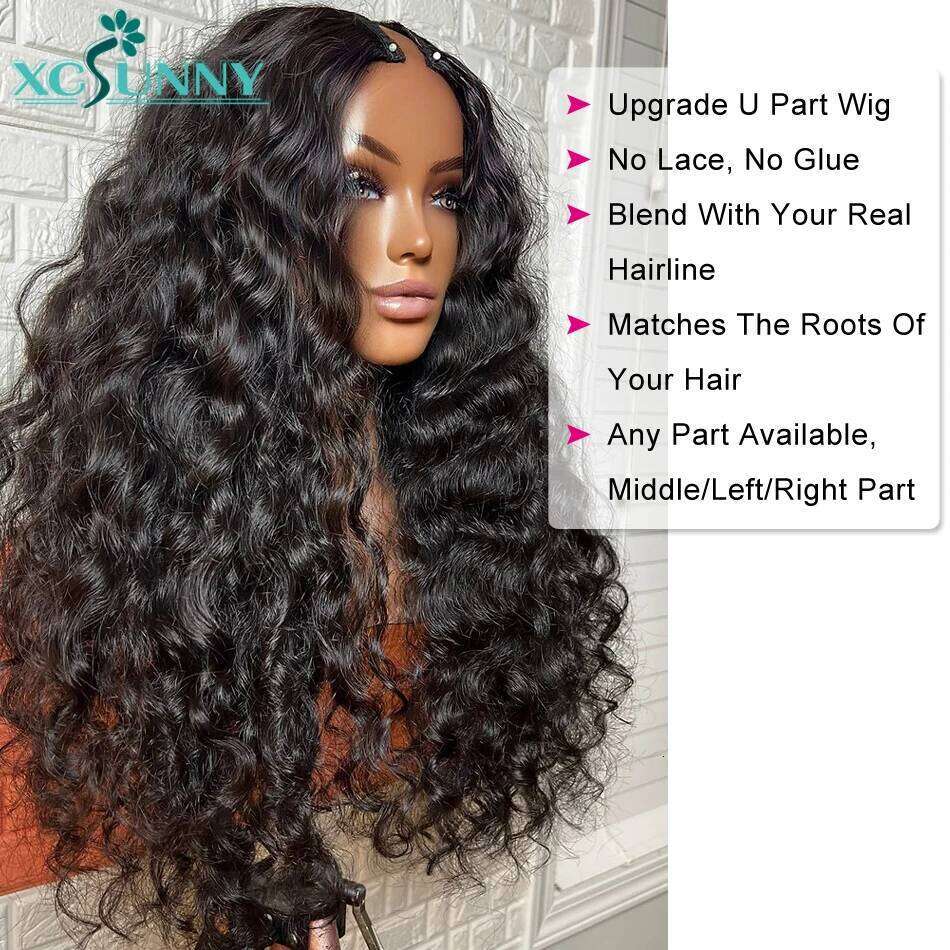 Water Wave V 180 Density Brazilian Upgrade U Part Human Hair Vpart Curly Wig Wear With Your Own Hairline