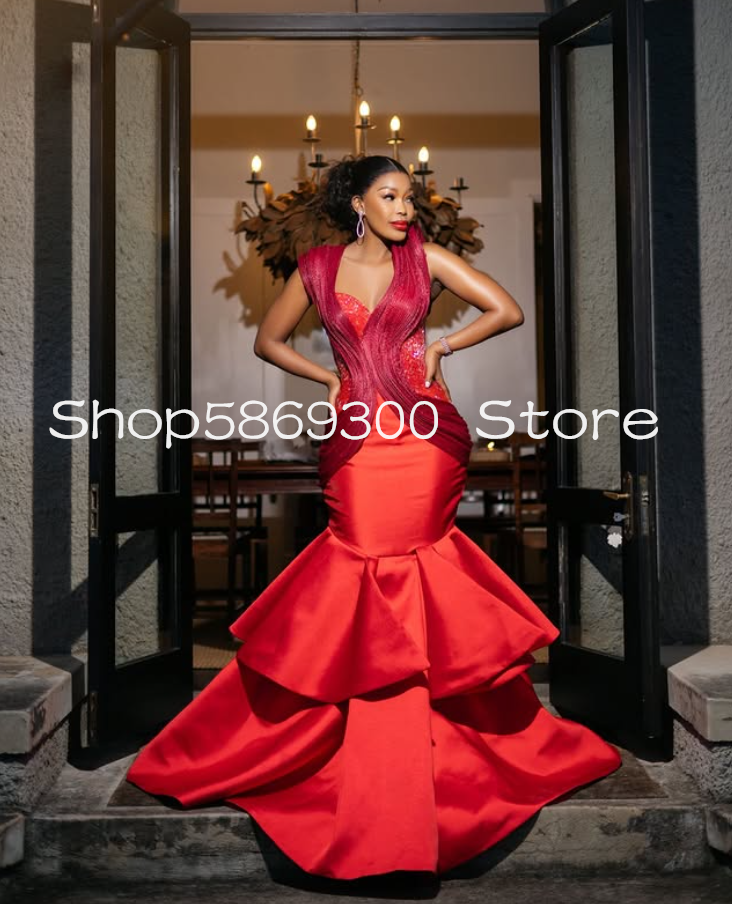 Red Long Mermaid Sparkly Prom Party Dressess Ruched Power Shoulder Ruffles African Aso Ebi Evening Gown Customsized