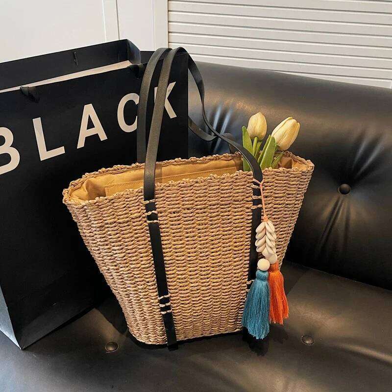 Designer Straw For Women Handmade Woven Handbag Rattan 2025 Summer Beach Shoulder Bag Female Basket Shopper Bags