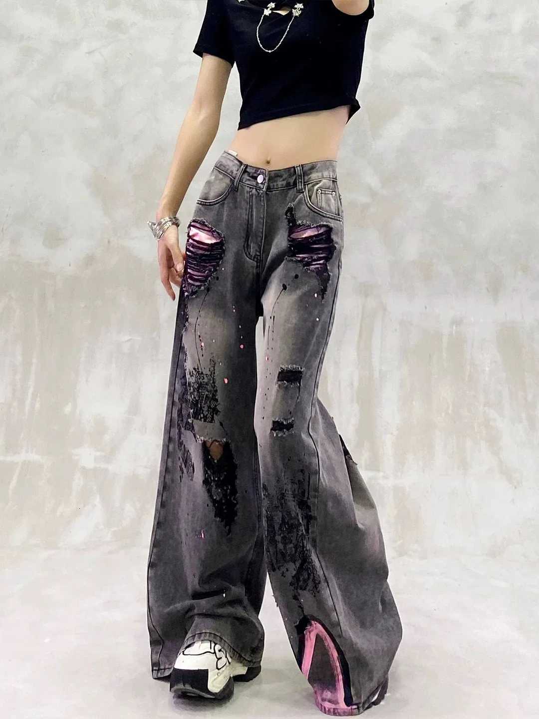 Womens Black Gothic Jeans Baggy Y2K Japanese Harajuku High Street 2000S Style Aesthetic 90s Vintage Jeans Pants Clothing 2025 R250716