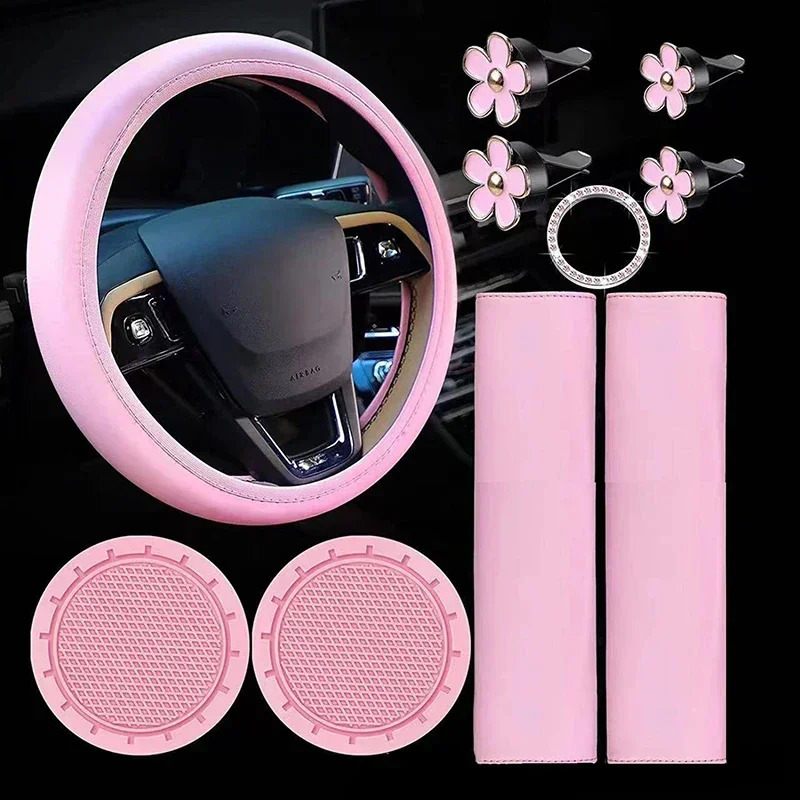 10 Pcs Leather Steering Wheel Cover For Women Cute Car Accessories Set With Seat Belt Shoulder Pads Cup Holders Car Decorations 250715