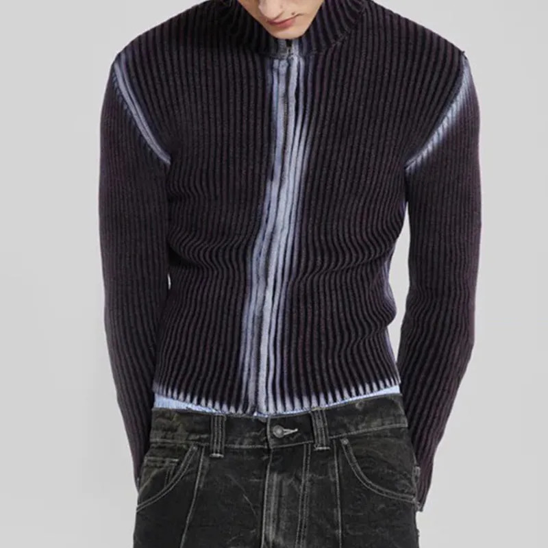 IEFB Streetwear Men Knitted Vest Pullovers Mens Turtleneck Sleeveless Sweater Zipper Tie-dye Clothing Summer Spring C3482 250716
