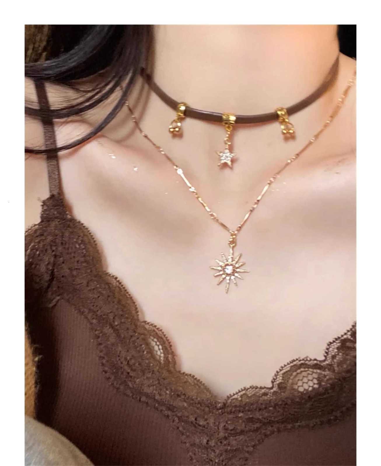 Sun Star Zircon Necklace for Women Vintage Leather Necklace Double Layered Pendant Chain Choker Fashion Jewelry XJ250717