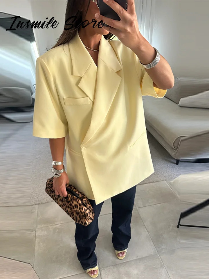 Casual One Button Blazers Women Loose Solid Lapel Half Sleeve Pockets Suit Jackets 2025 Spring Summer Office Lady Outwear 250715