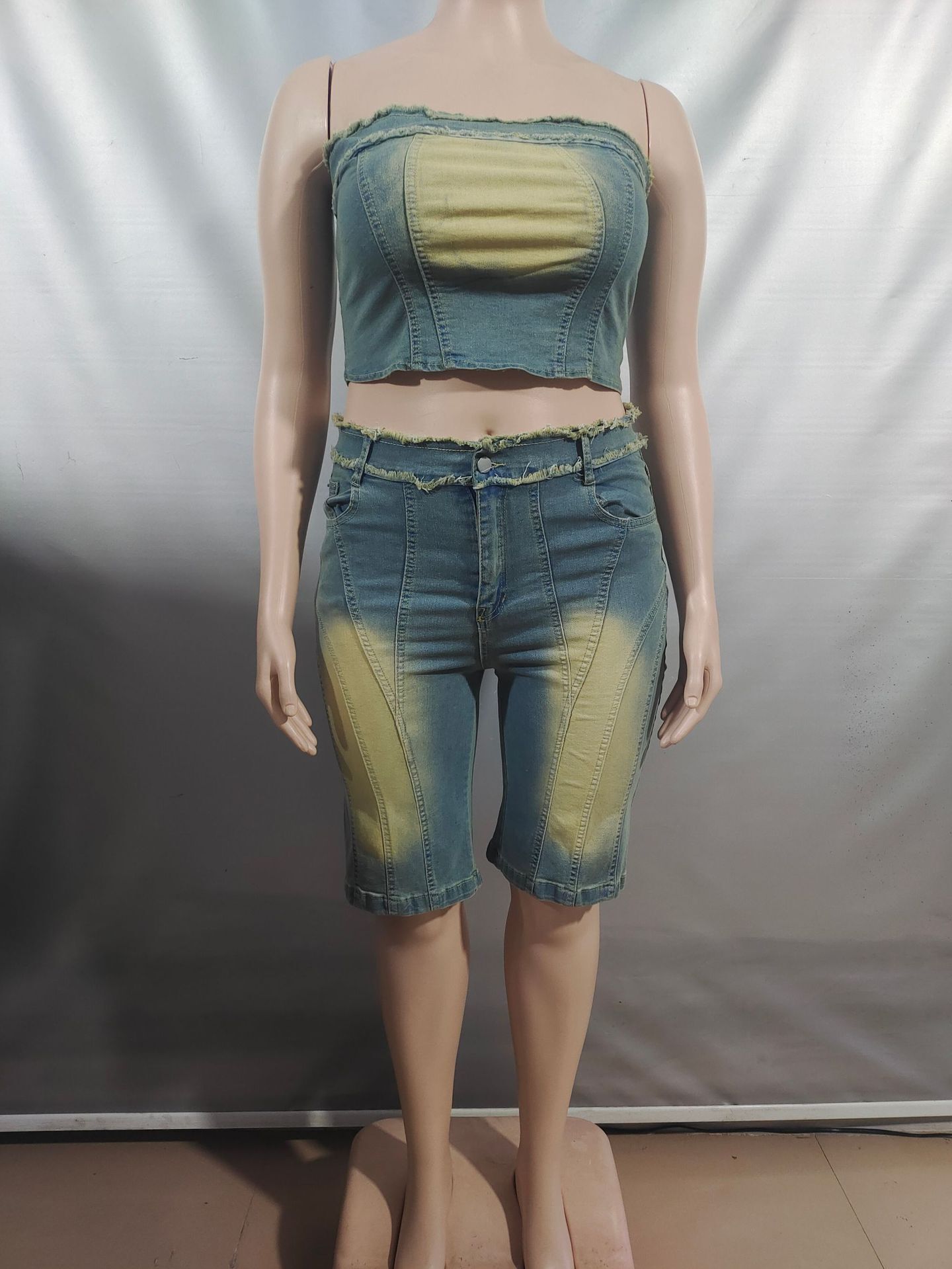 Womens Denim Pants Set Fashion Frayed Edge Tube Top High Waist Denim Shorts