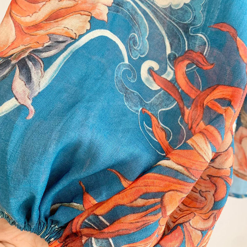 Ladies Blue Oriental Floral Printed Two-Piece Set Fashion Designer Off-Shoulder Long Sleeved Ramie Blouse Viscose Palazzo High Waist Pants S0738