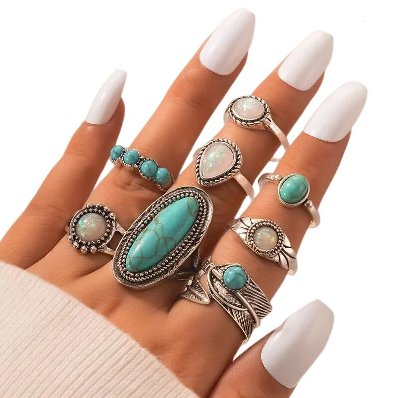 50pcs/Lot Wholesale Big Opal Stone Finger Rings For Women Bohemia White Enamel Acrylic Water Drop Carved Hollow Jewelry Girl 250716